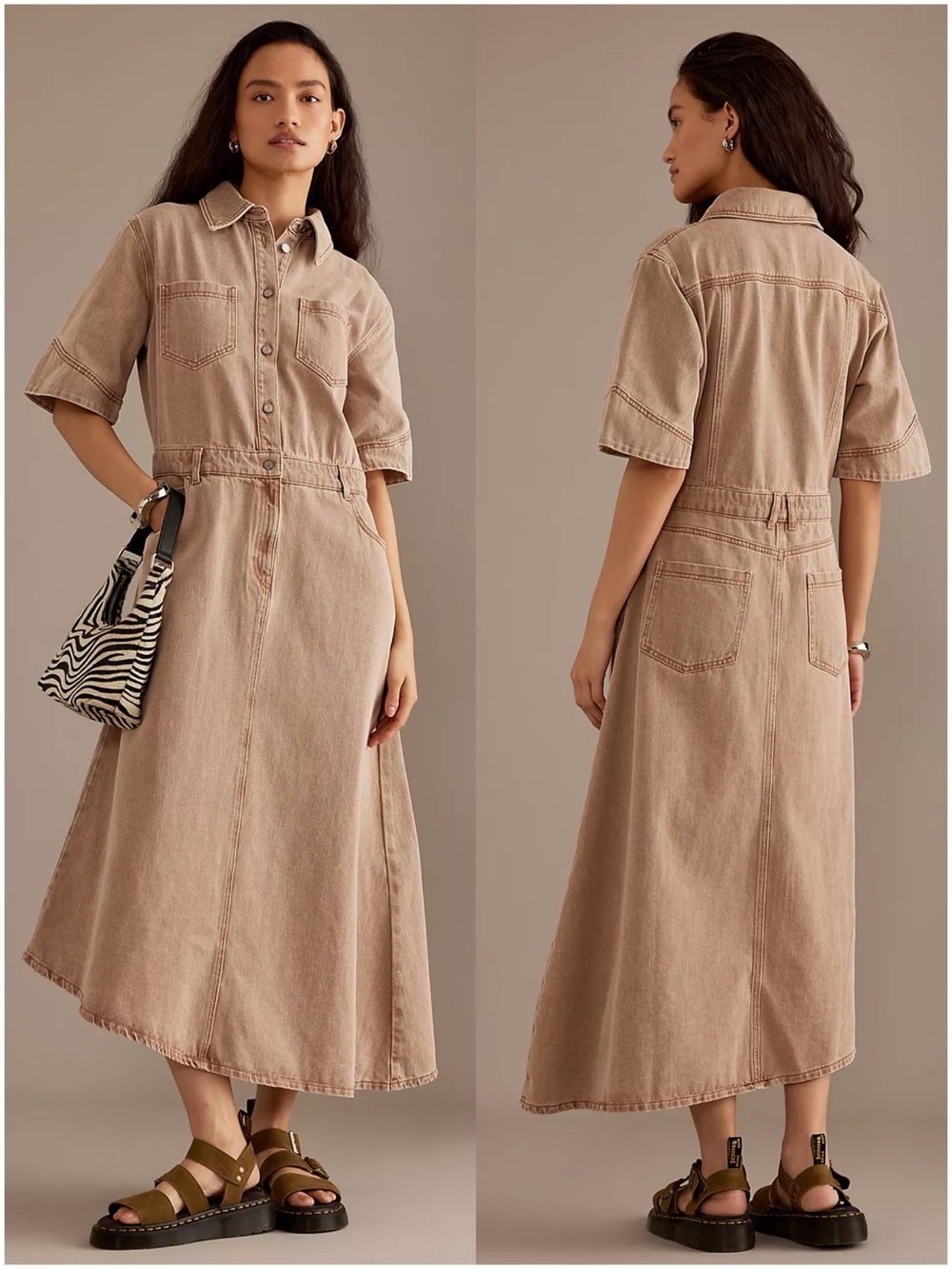 ALIGNE Tan Mateo Asymmetrical Utility Denim Midi Dress Size 12 Large Lagenlook